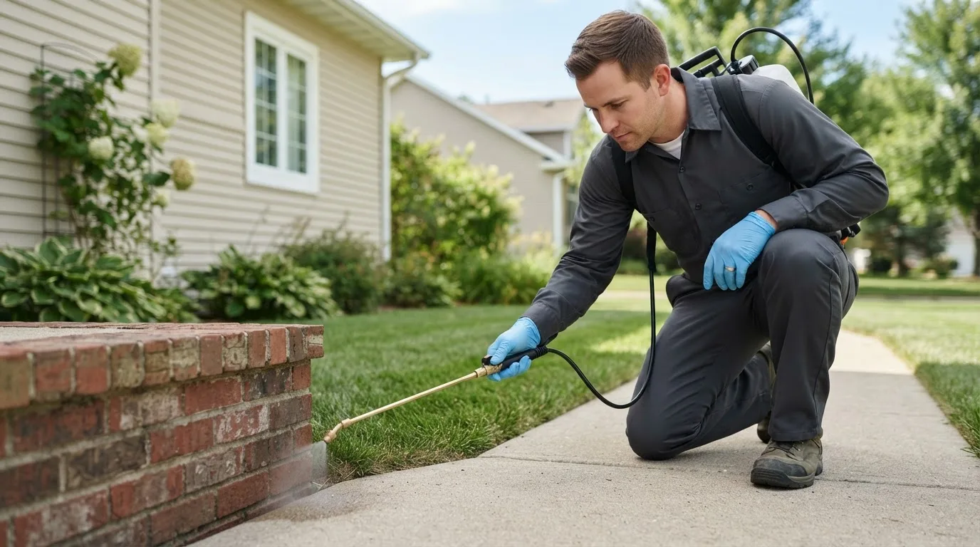 Pest control technician treating a home near Stoneham, CO